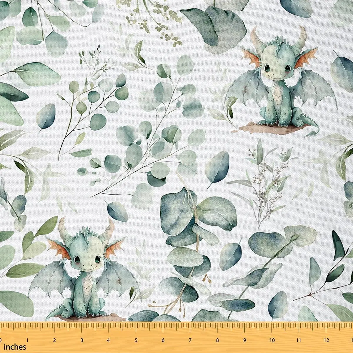 Dragon Fabric,Cute Magical Animal Upholstery Fabric,Eucalyptus Decorative Fabric,Watercolor Wild Animals Indoor Outdoor Fabric