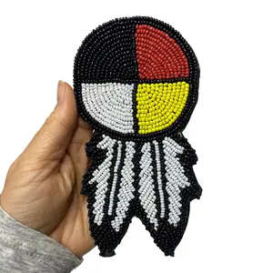 Rosette With Feather Beaded Native American Style Accent - Seed Bead Patch