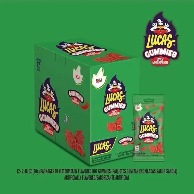 Lucas Gummies Spicy Gummies - 12.4 oz Pack of Watermelon Flavored Gummies with Artificial Flavor - Snack in Green Box - Bubblegum