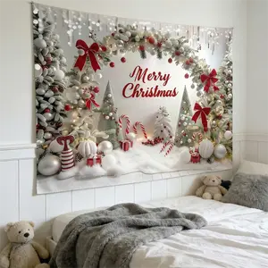 2D Flat Peach Ornaments Merry Christmas Backdrop Silver & Red Candy Cane Arch Scene 2025 Holiday Banner Elegant Winter Wonderland Photo Background Trending TikTok Home Party Decor Vibrant Wall A-01 Hand Lightweight