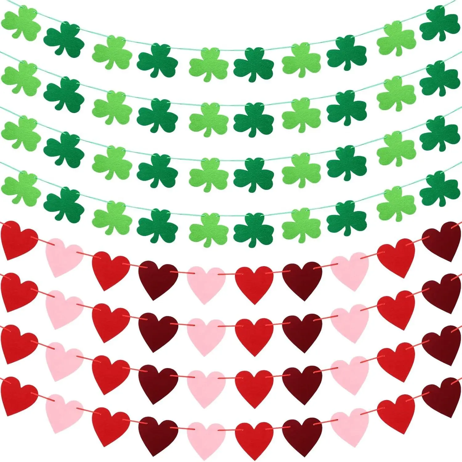 8 Pieces Valentines Day Garland Decor Felt Red Heart Banner Hanging Garland St. Patrick's Day Garland Green Shamrock for Holiday Wedding Birthday Anniversary Party Home Hanging(Stylish)