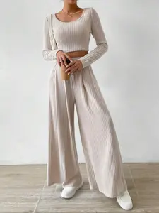 Women's Solid Ribbed Crop Tee & Loose Wide Leg Pants Two-Piece Set, Casual Long Sleeve Scoop Neck Top & High Waist Trousers for Fall & Winter, Women's Clothes for Daily Wear, Womenswear