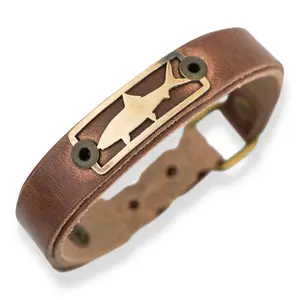 Bonefish Fishing Bracelet, Bronze Badge on Brown Leather Cuff, Adjustable Skinny Saltwater Bracelet