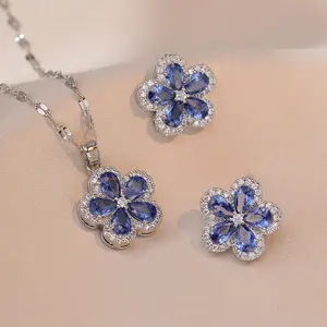Flower Jewelry Set, Necklace Earrings for Women, Zircon Flower Fashion New Design Pendant Elegant Set Titanium Steel Choker
