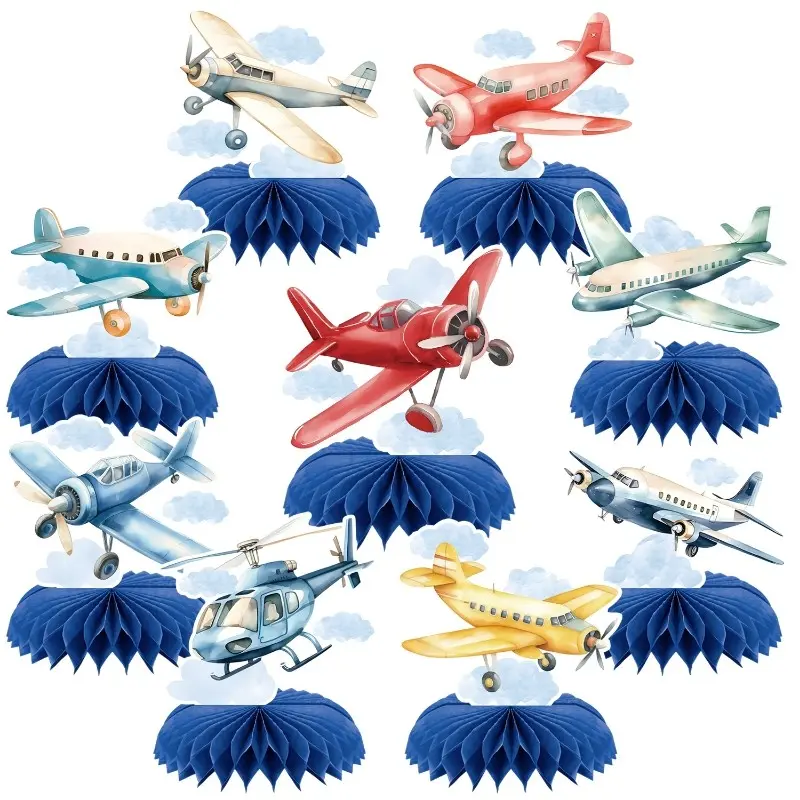 9Pcs Airplane Honeycomb Centerpieces Airplane Party Supplies 3D Aircraft Table Topper Aircraft Centerpieces Decorations Standing Cards for Birthday Party Shower Decor Supplies
