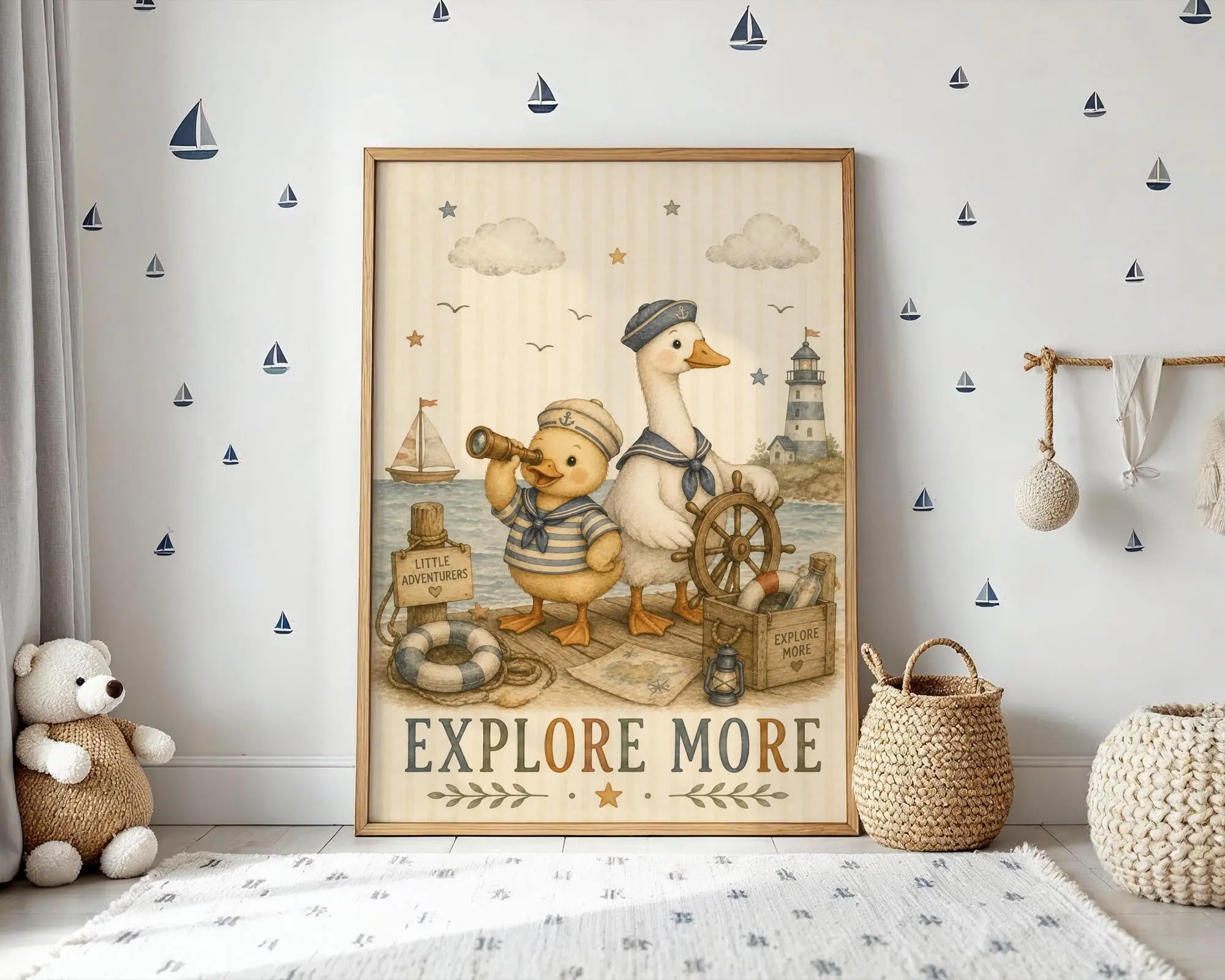 [SALE UP TO 40%] [Unframed] Duck Nursery Wall Art, Watercolor Nautical Animal Poster, Cute Ocean Kids Decor, Explore More Print, Baby Room Adventure Artwork