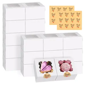 24pcs White Cookie Boxes, 4x4x2.5 Inches Bakery Boxes with Window, for Mini Cake Treat Dessert Pastry Donuts Macaroon Strawberries Chocolate Candy (with Stickers)