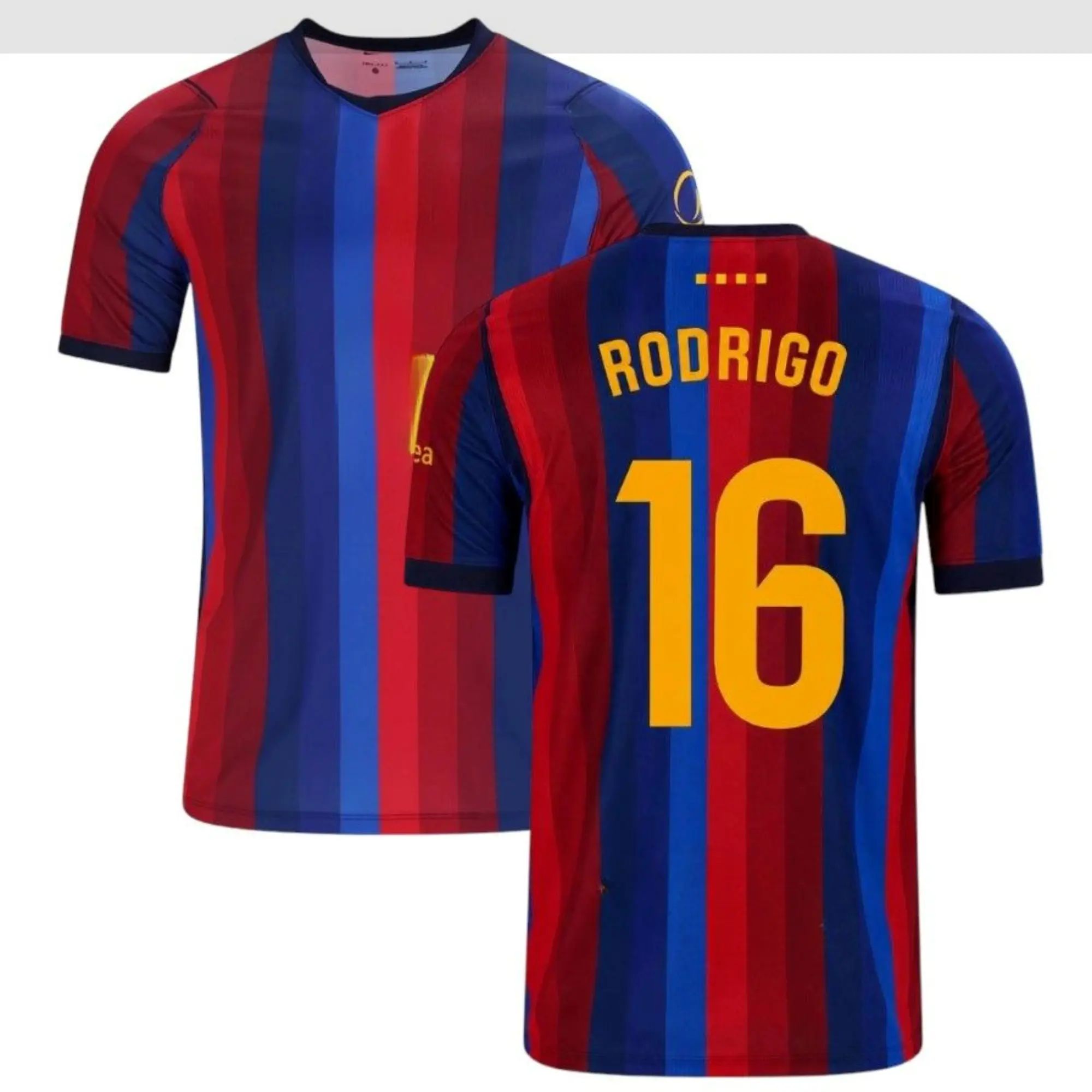 Rodrigo #16 Inspired Soccer Jersey | Men's Red & Blue Striped Football Shirt | 2026/27 Style | Short Sleeve Athletic Sportswear