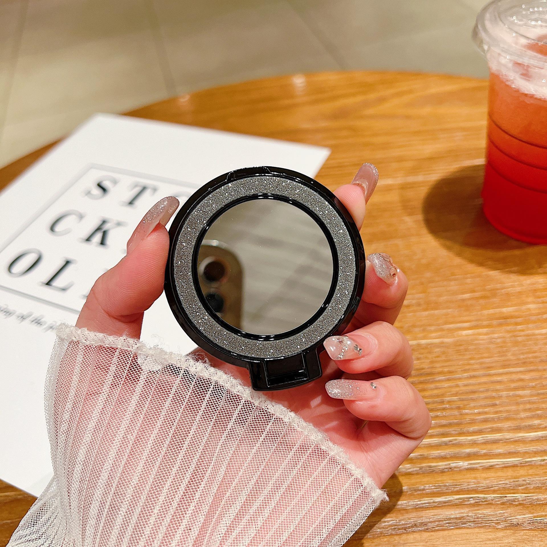 360-Degree Rotating Rhinestone & Glitter Mirror Stand — Universal Mobile Phone Holder, Desktop Support Ring, Adhesive Back Stand.