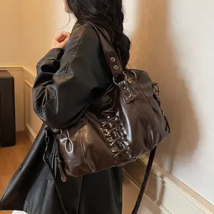 2026 Fall Winter New Fashion Hobo Bag Women Vintage Oiled Leather Shoulder Crossbody Bag Elegant Lace-Up Detail Large Capacity Trendy., Fashionable Hobo Bag, Hand Shoulder Bag High Quality Bag