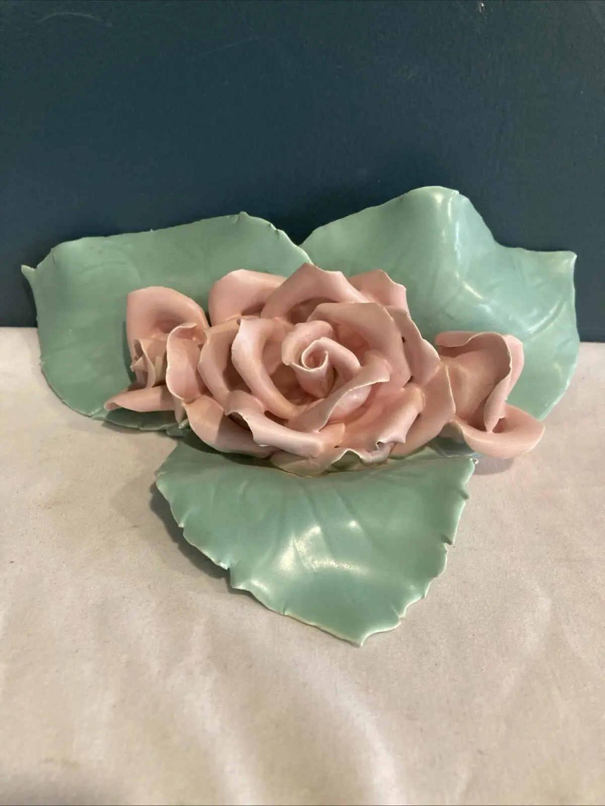 Vintage Porcelain Pink Rose Green Leaf Sculpture Centerpiece 8.4” Wide