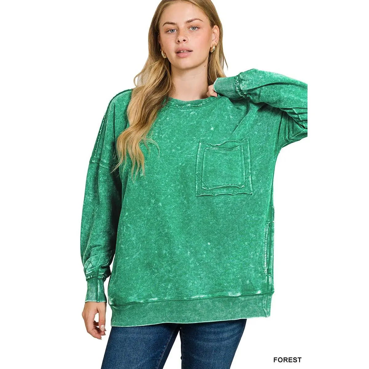 French terry washed pullover w/ side pocket Zenana: FOREST-160209 /