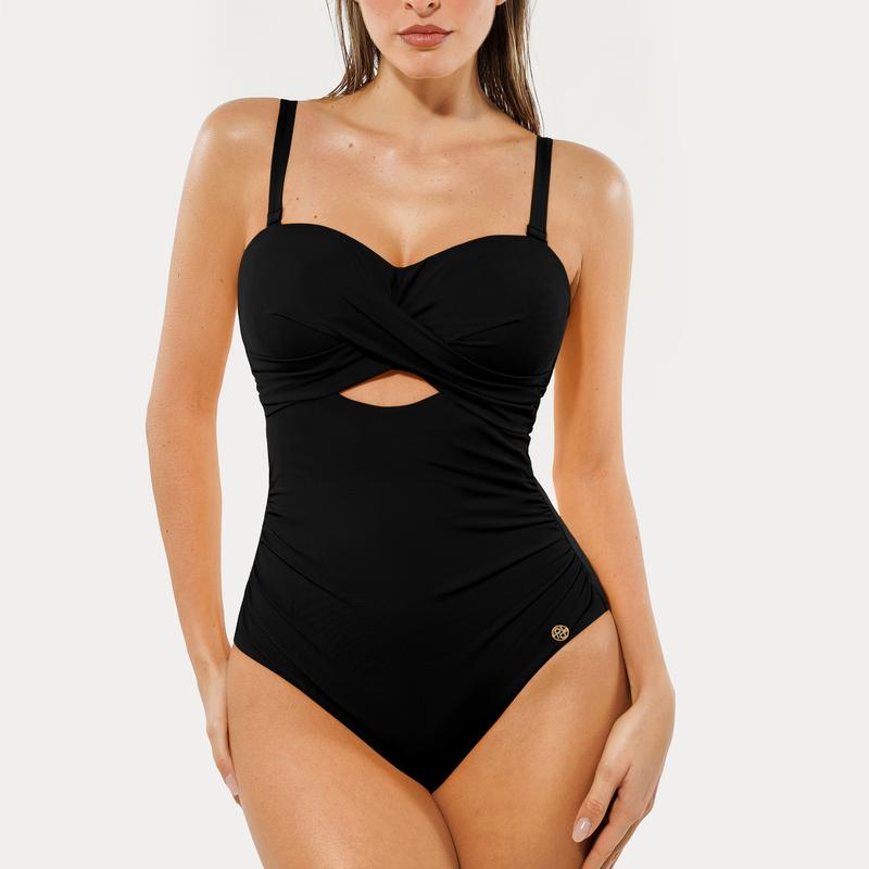 Popilush Push-Up Bandeau Swimsuit | Turquoise Cutout Tummy Control Bathing Suit for Beach & Vacation -live