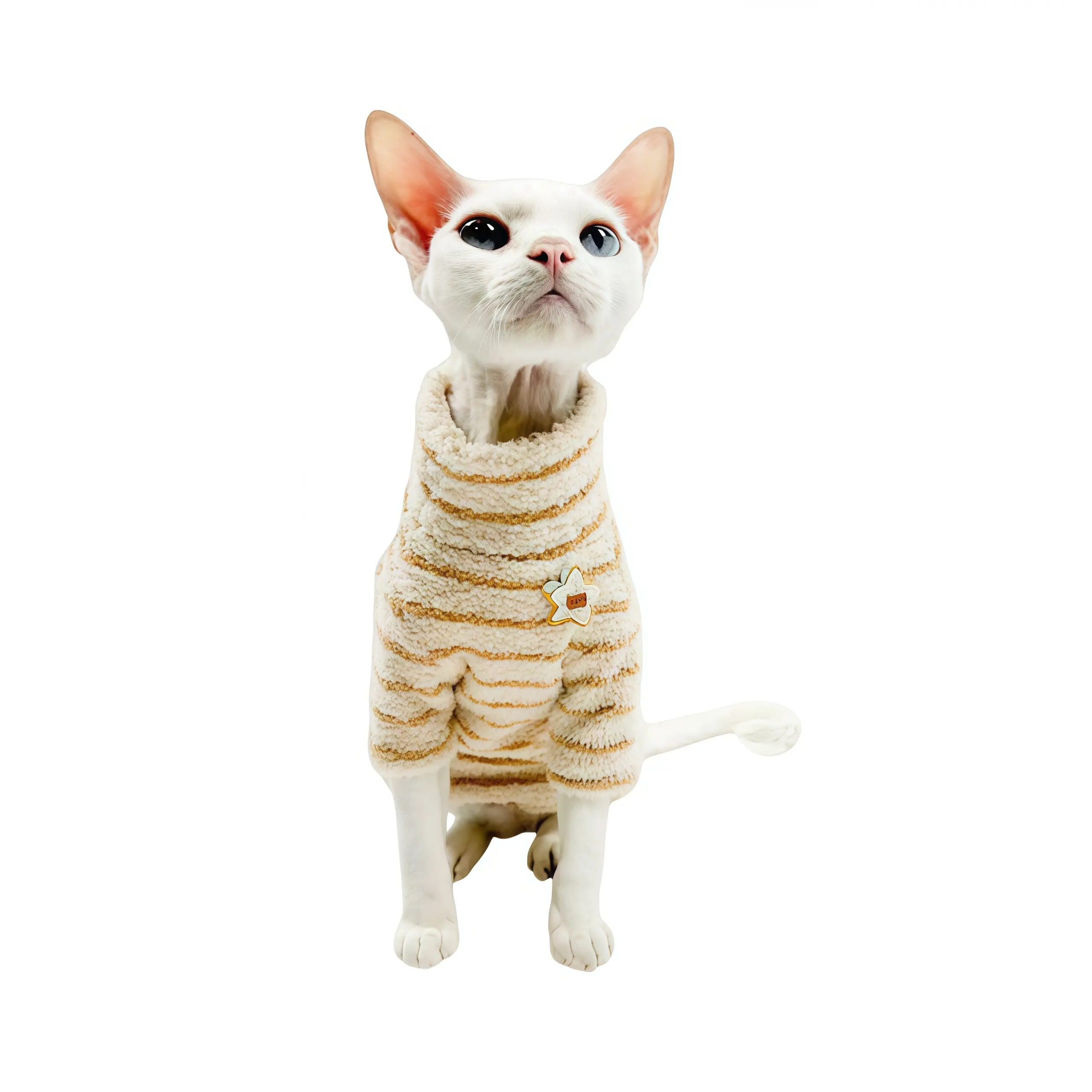 Sphynx Cat Winter Suit - Polyester 4-Way Stretch, Shed-Free Warmth, Snug-Fit Striped Outfit for Small Hairless Cats, Flexibility, Non-Shedding