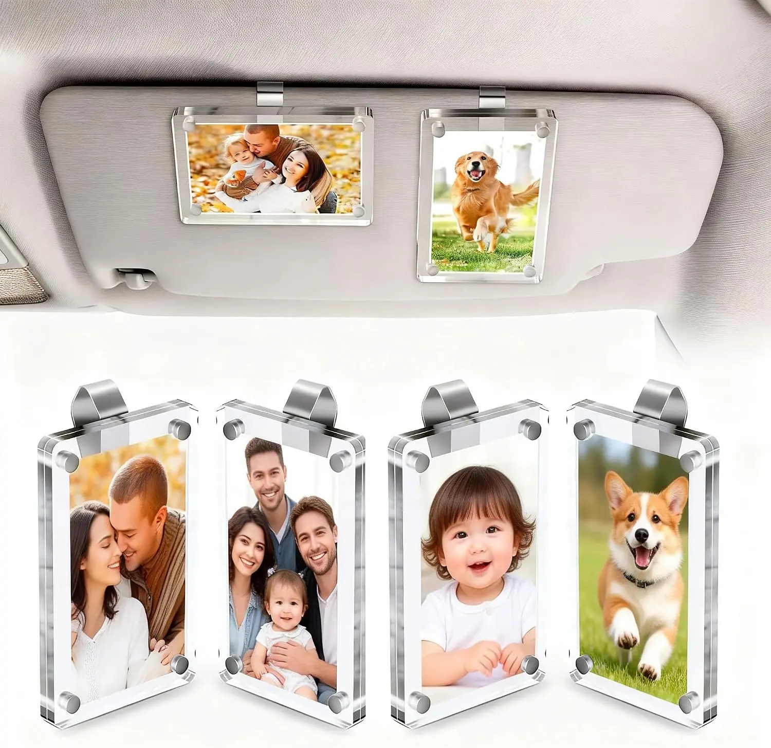 Car Sun Visor Photo Holder, Clear Acrylic Magnetic Picture Frame with Visor Clip, 2.4 x 3.5 Inch Easy-Swap Photo Display, Car Interior Accessory for Family, Couple & Pet Pictures, Driver Gift