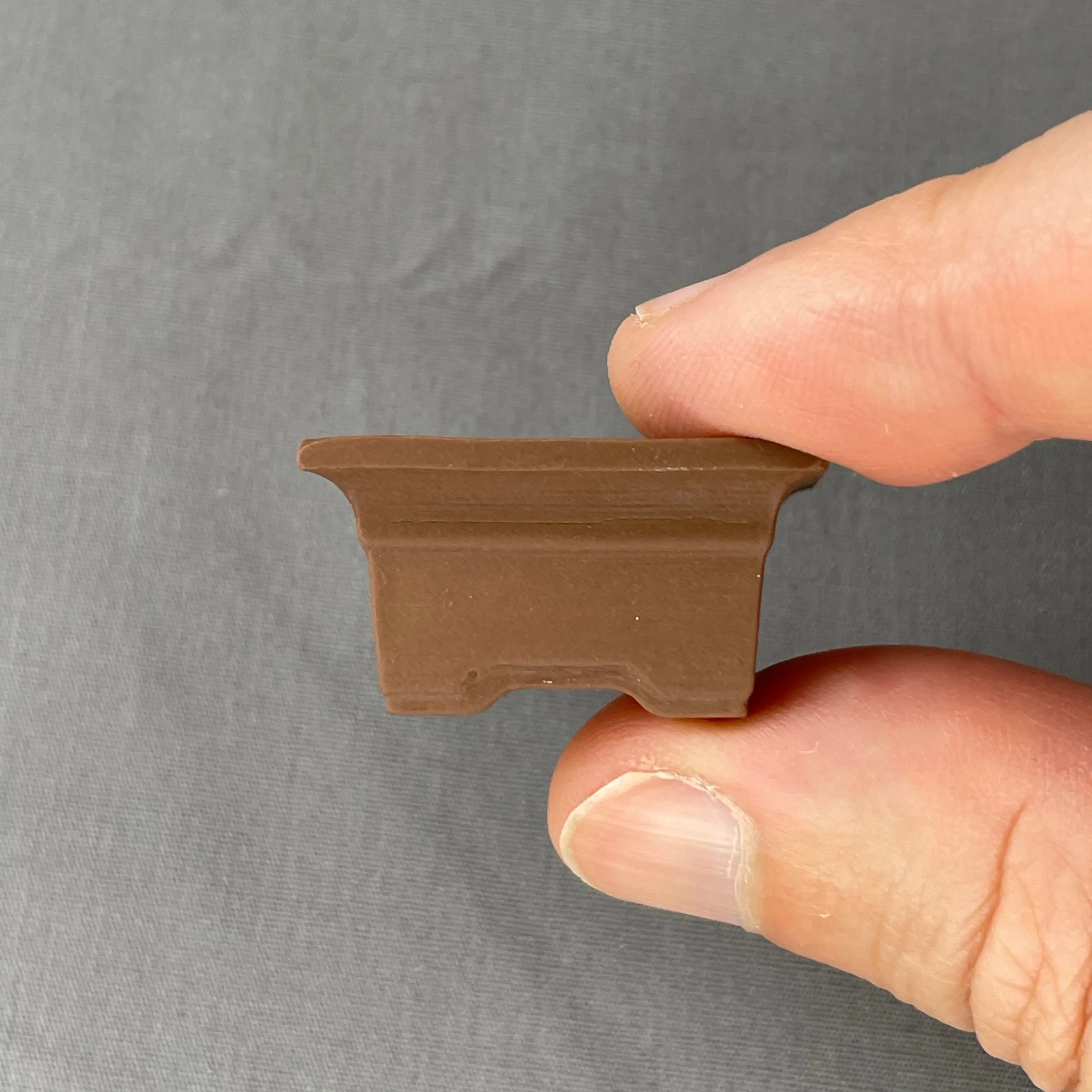 Tiny Unglazed Embossed Rectangle Mame Bonsai Pot in Chocolate Porcelain, Less than 1.5 inches long