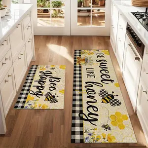 2Pcs Bees in Spring and Summer: The Grid Pattern Floor mat set including farmhouse kitchen Rug dining room flooring laundry room decorative carpet mat