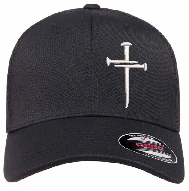 Power Creations Christian Cross Faith Cap - Mens Hats, Flex Fit 6533 Mesh Back Fitted Religious Baseball Cap, Cross Graphic Hats, Embroidered Christian Crosses Hats