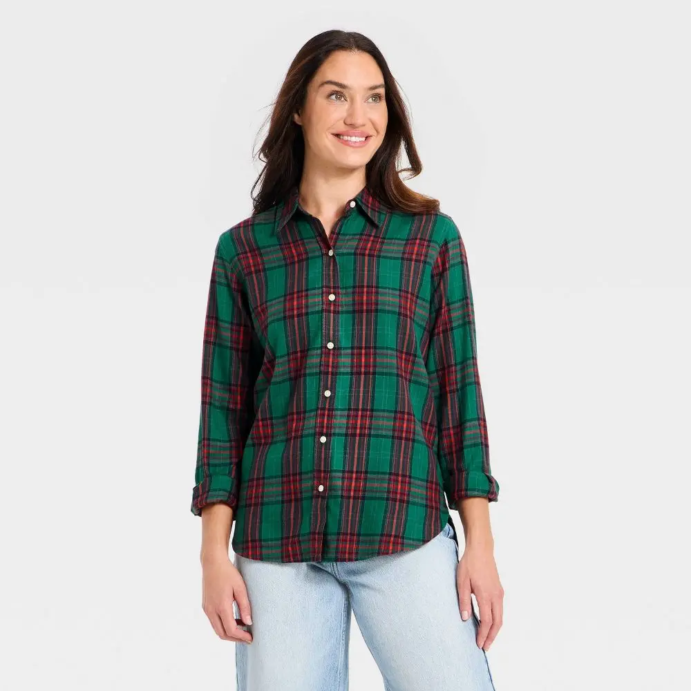 Women's Long Sleeve Collared Flannel Button-Down Shirt - Universal
