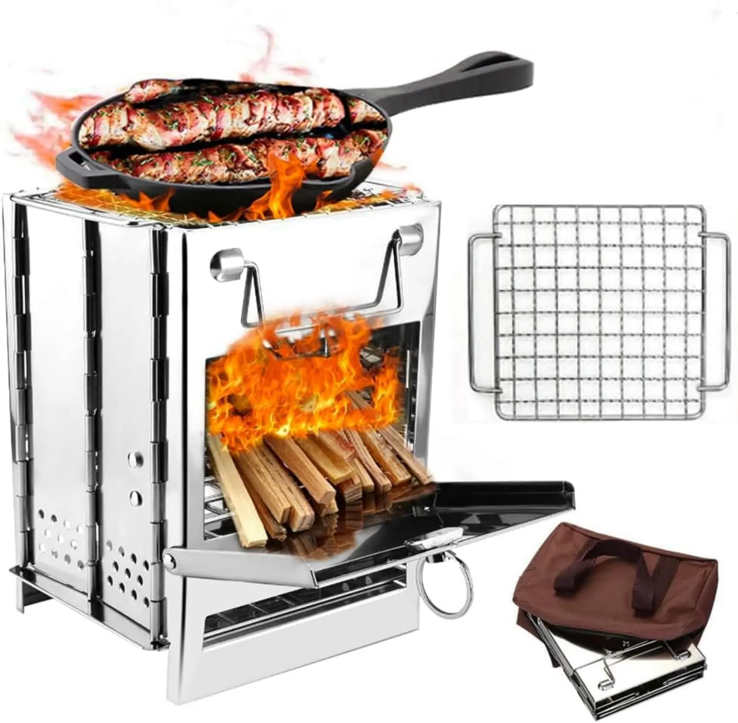 Portable Camping Stove Grill, Foldable Stainless Steel Wood Burning BBQ Stove with Grill Rack and Carry Bag for Outdoor Cooking, Picnic, Hiking