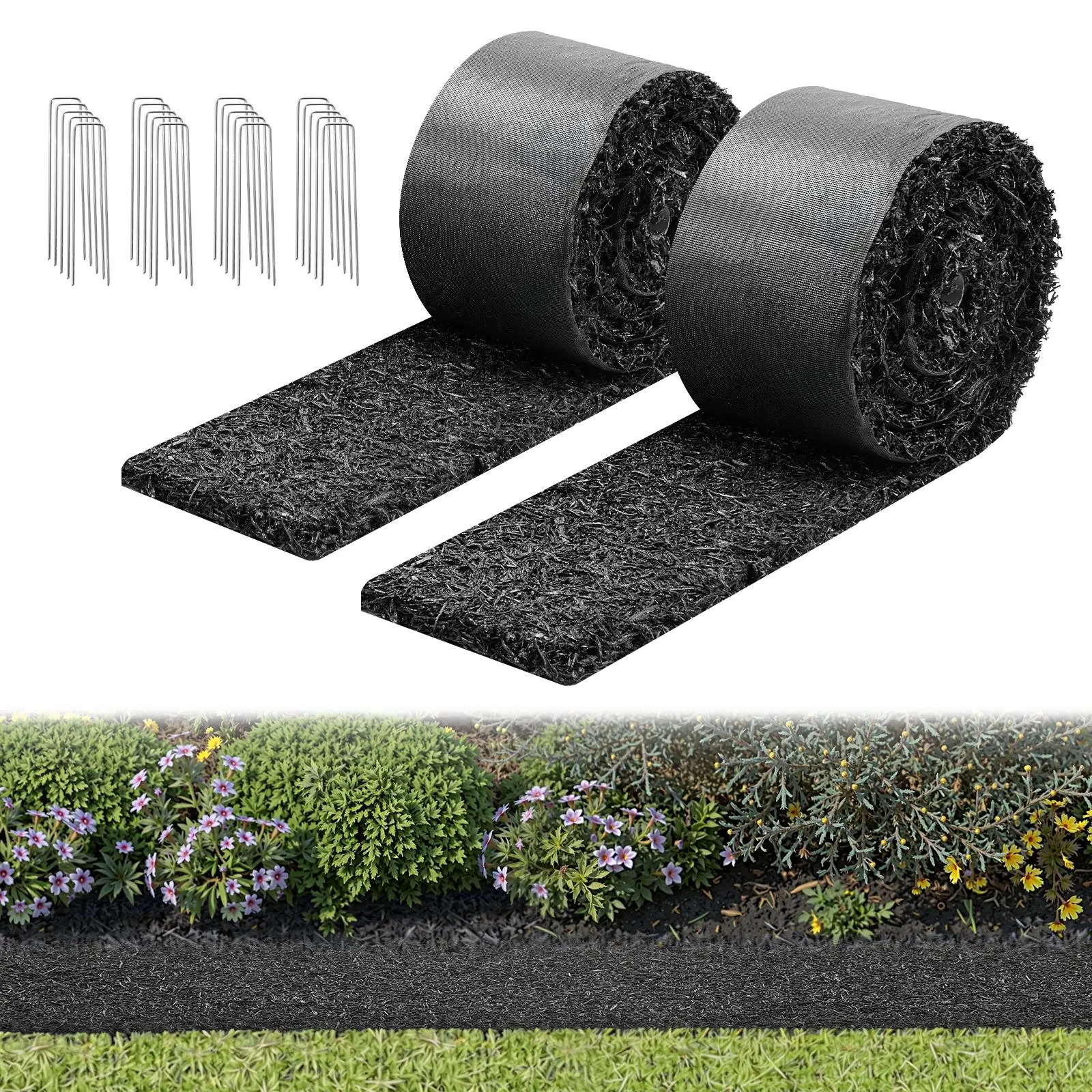 【SummerFinds】VEVOR Rubber Mulch Mat Roll, 2 Rolls 120 x 4.5 in, Recycled Rubber Permanent Mulch Edging Border, Natural-Looking Flower Barrier with Stakes, 0.5 in Thick Cuttable Garden Edgings for Landscaping