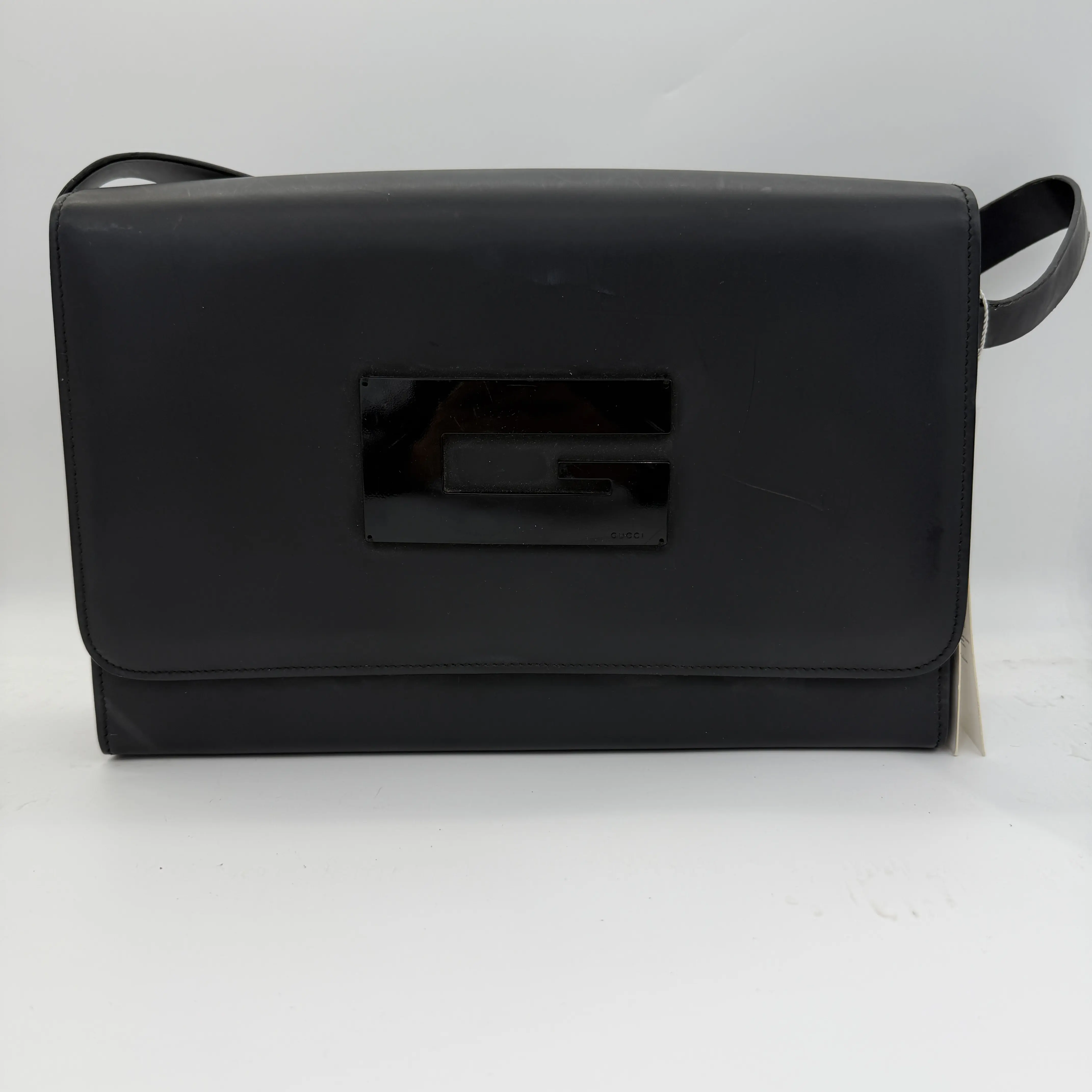Pre-owned GUCCI black large G buckle vintage flap underarm bag