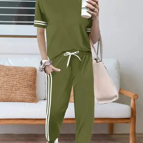 Women's Round Neck Tee Top & Striped Side Pants Two-Piece Set, Pants Sets, Two Pieces Sets, Casual Cozy Fitted Outfit for Spring & Fall Daily Wear