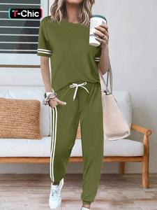 women's round neck tee & striped side pants two-piece set, casual fashion cozy fitted tee & trousers for daily outdoor wear, ladies clothes for spring & fall, going out 2 piece set, outfit sets women, loungewear, womenswear