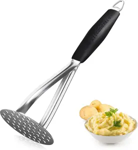 Joyoldelf Heavy-Duty Stainless Steel Potato Masher - Sturdy Integrated Metal Kitchen Utensil, Silicone Handle, Hole Design for Easy Mashing, Hanging Storage (4.6oz, Ideal for Fruit, Beans; Suitable for Outdoor Use)