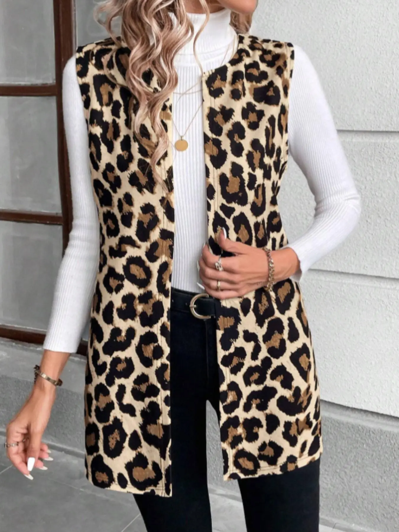 Women's Sleeveless Vintage Leopard Print Fitted Vest Cardigan, Casual Sleeveless Outerwear, Womenswear Casual Fashion Top for Women, Stylish Summer Wear Piece, Sleeveless Fitted Style