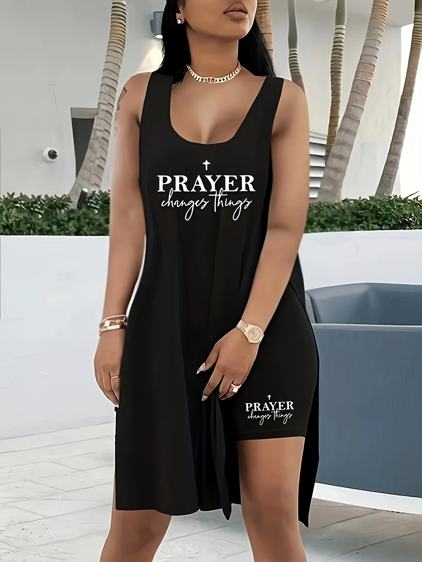 Plus Size 2 Piece Outfits for Women, Sleeveless Scoop Neck High Low Split Tunic Top and Biker Shorts Set, Prayer Changes Things Graphic Casual Loose Lounge Matching Set for Summer Daily Wear