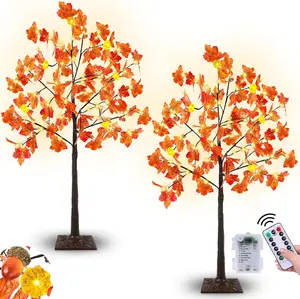 Remote Control&Timer-Fall Decor 2Pack 4 Ft Artificial Prelit Lighted Fall Maple Tree for Home,3D Patented Pumpkin Lights Acorn 96 Warm White LED 8 Mode Halloween Decorations Porch Party Outdoor Indoor