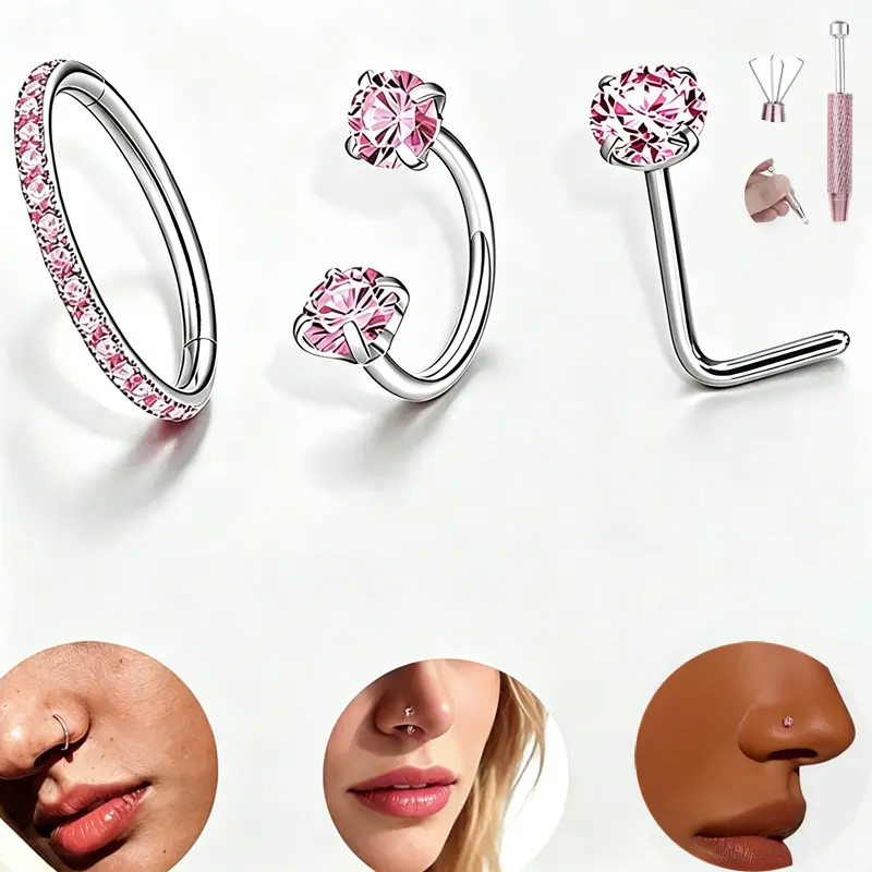 3PCS 18G 8mm Pink Nose Rings for Women,316L Surgical-Grade Titanium Steel Hinge Nose Hoop Horseshoe Nose Rings with Free Gem Picker,Perfect Zircon Nose Piercing Jewelry Kit
