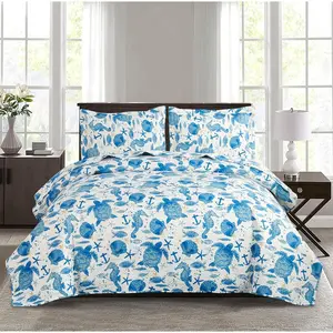Quilt Bedspread  Size  Bedding Coastal Beach Quilt Set Bedding  Lightweight Quilt Summer Bedsread Coverlet  Collections Reversible  Quilt Sea Turtle Blue