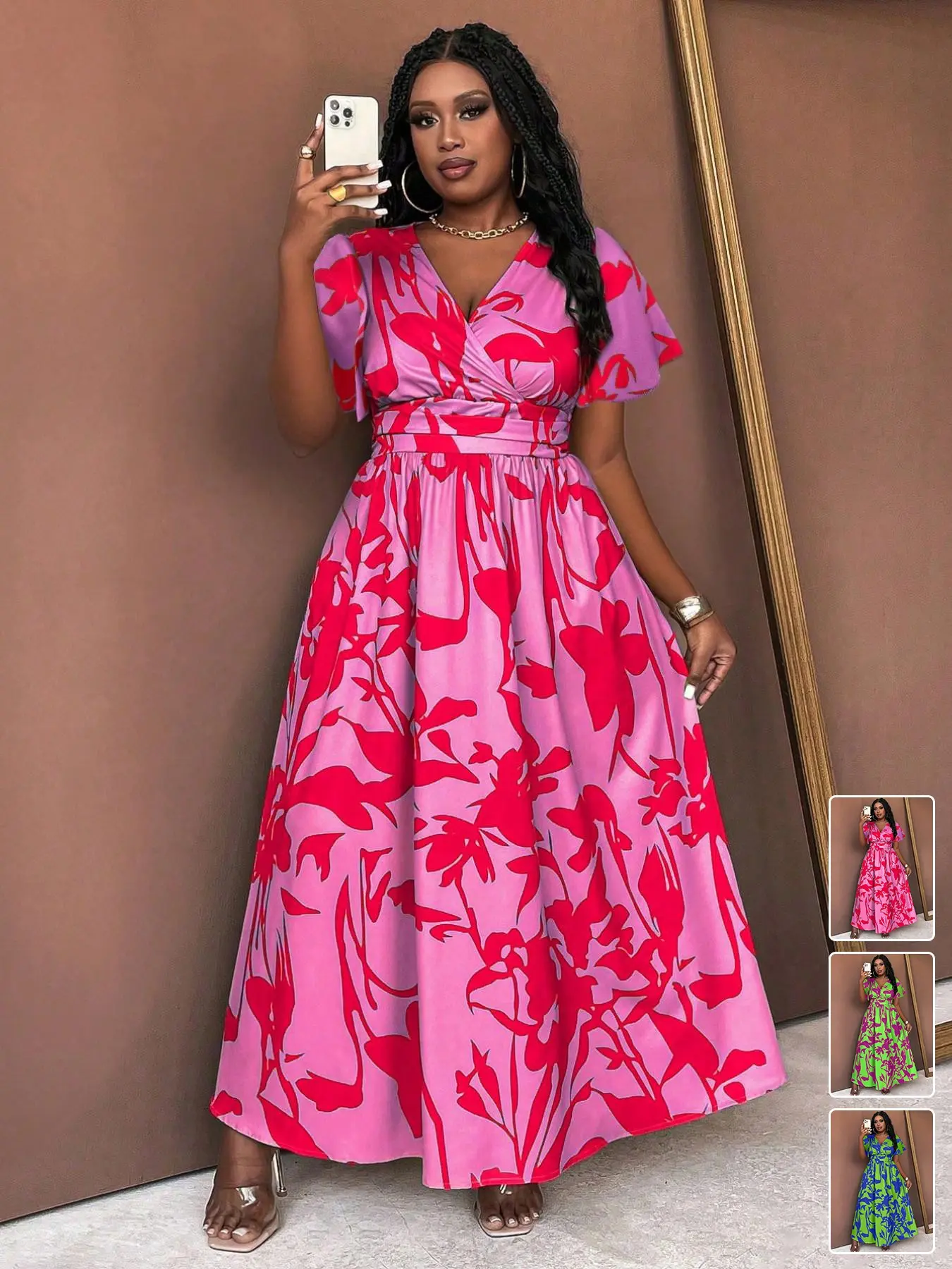 Plus Size Women's Floral Print Dress, Cross V Neck, Flutter Sleeves, High Waist Ruched Design, Vintage Tropical Style, Feminine, Summer
