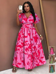 Plus Size Women's Floral Print Dress, Cross V Neck, Flutter Sleeves, High Waist Ruched Design, Vintage Tropical Style