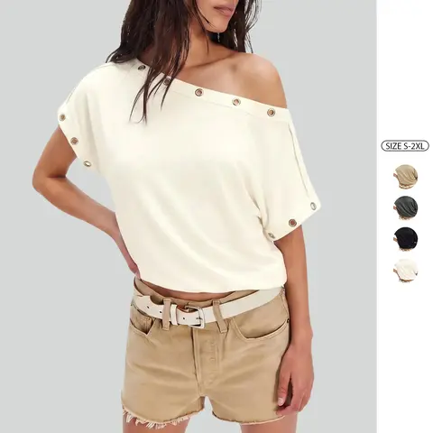 Imily Bela Womens Summer Off The Shoulder T Shirt Cotton Short Sleeve Casual Y2K Tops Summer Loose Fit Flowy Tees