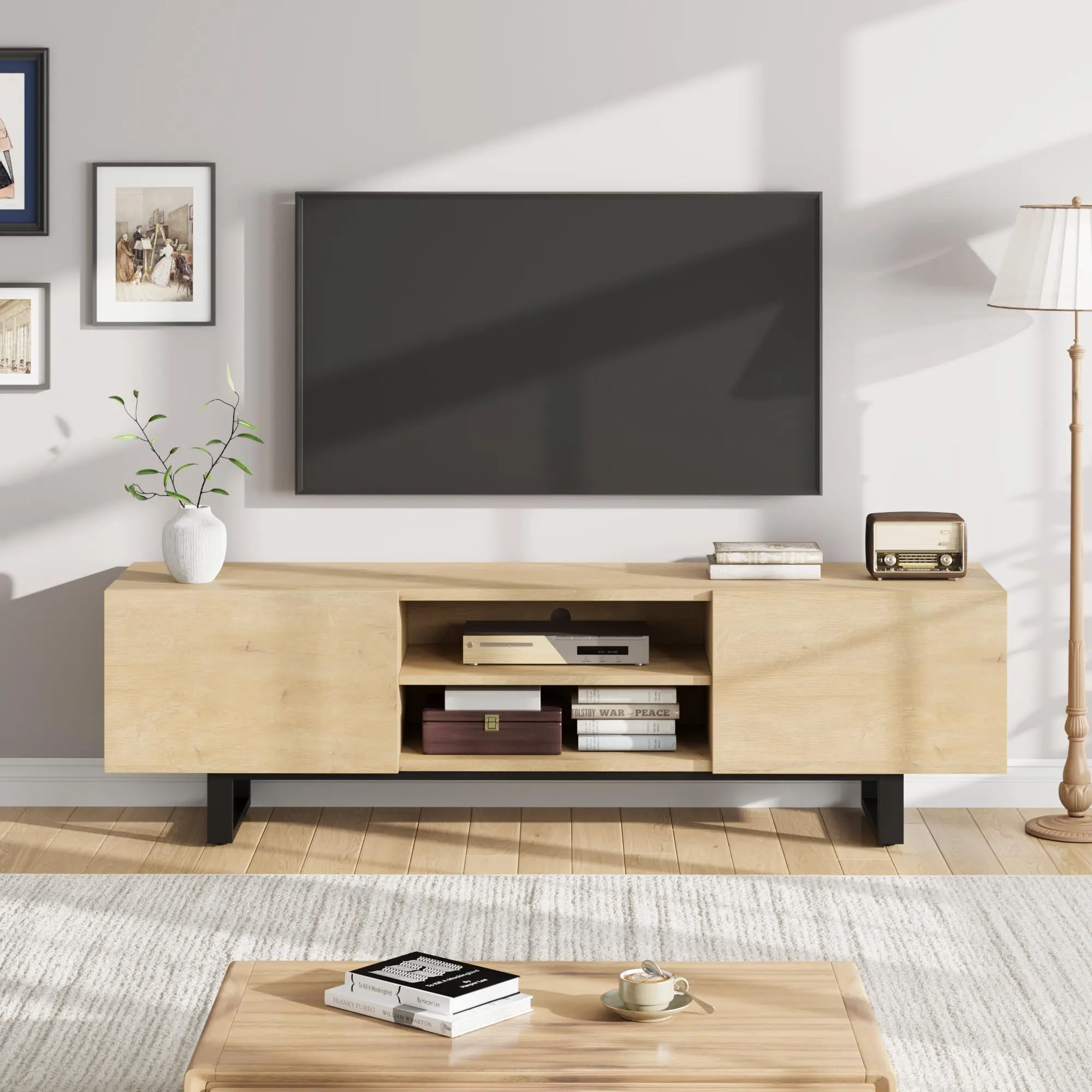 Freestanding Industrial TV Stand for 80-in TVs - Heavy Duty Engineered Wood & Iron Legs Media Center, Waterproof, Assembly Required, 2 Drawers & Open Storage, Durable Walnut/Natural Oak Living Room Entertainment Center