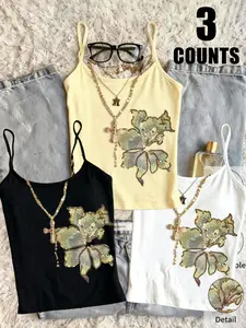 3-Pack Floral Rhinestone Embroidered Fitted Sleeveless Thin Strap Tank Tops for Women, French Luxury Pure Desire Style, Multiple Colors Available