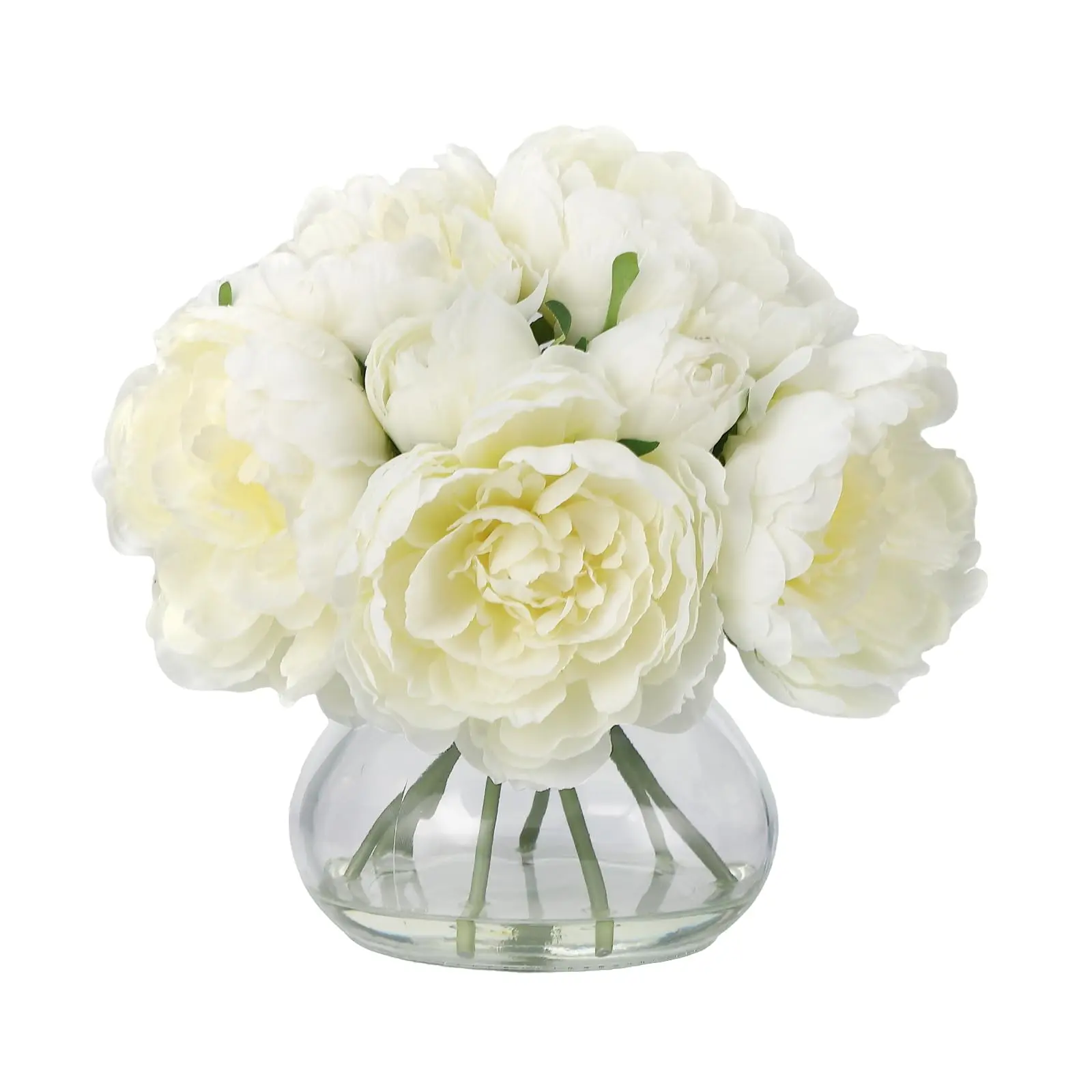 Garvee Artificial Peony Flowers Silk Faux Peony Stems in White and Champagne with Realistic Mixed Pink Peony Bouquet, Glass Vase, and Artificial Water - Elegant Floral Decor for Home, Office, Wedding, and Party
