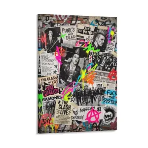 2D Flat, 1pc Frameless Punk Rock Canvas Art, Graffiti Collage (Sex Pistols/Clash, Anarchy), Neon DIY Print, Rebellious Wall Decor for Home (Living Room, Bar, Bedroom)