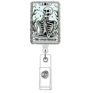 Skeleton & Flower Pattern Badge Holder, 1 Count Retractable Badge Reel with Clip, ID Holder for Nurse, Doctor, Student & Office Staff, Halloween, Badge Reels Retractable