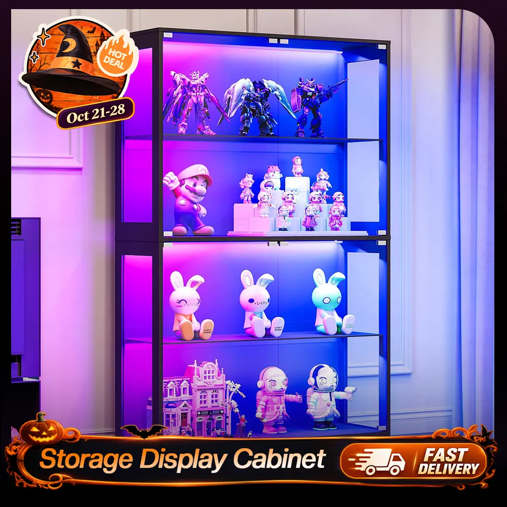 VanAcc Display Cabinet with RGB Lights, 4-Tier Storage Display Case for Collectibles, Adjustable Shelves, MDF and Tempered Glass, Black  #TikTokShopBlackFriday #TikTokShopBlackFriday #Chrismas decor