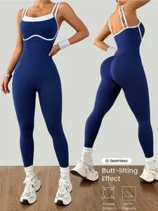 Women's Colorblock Adjustable Straps Sporty Jumpsuit, High Stretch Knit Waistband, Casual Fashion Yoga Pants, All Seasons Wear, Workout Jumpsuit