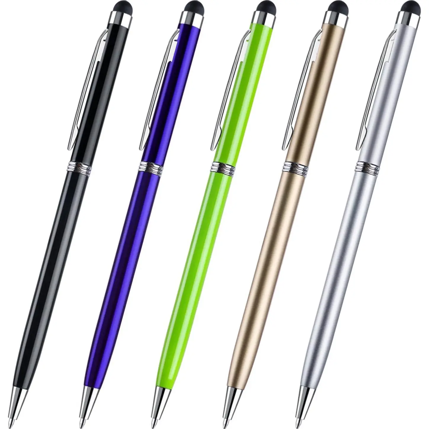 5pcs Slim Dual-Function Digital Stylus & Ballpoint Pen - Compatible with iPad/iPhone, Android Devices, All Touchscreens (Black, Silver, Blue, Gold, Green)