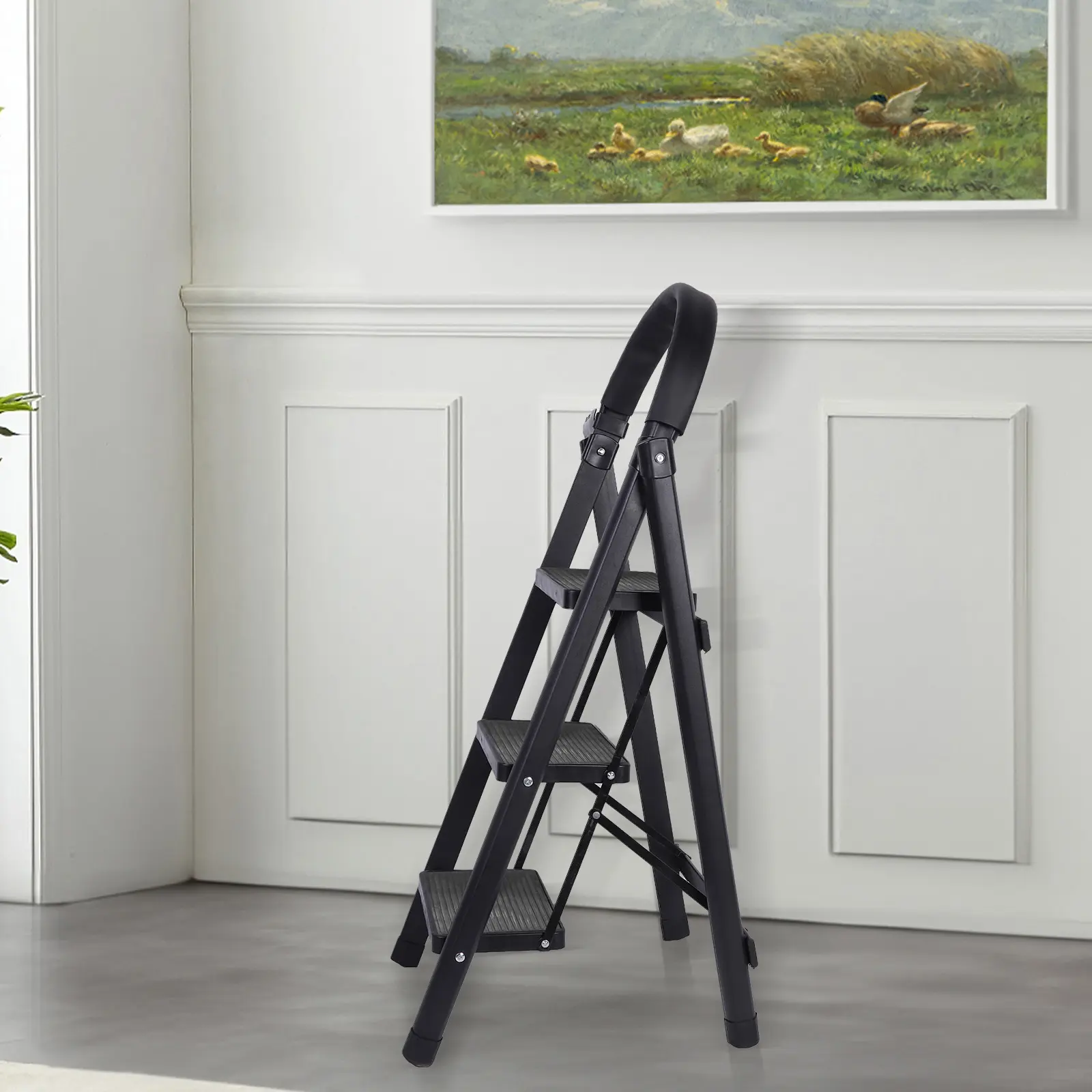 Stainless Steel 3-Step Foldable Step Ladder with Hand Rail, 330 lbs Capacity, 96x42cm Wide Platforms, Lightweight Child-Safe Stool, Safety Buckle, Screwdriver, Tool Holder for Household, Office Use