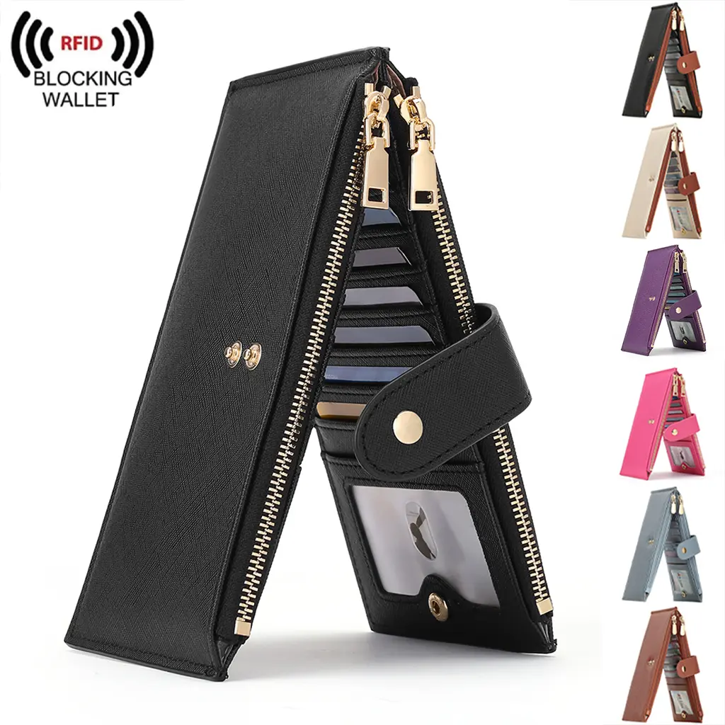 Women's RFID Blocker Bifold Wallet - Ultra Slim Casual Plain Basic Chic Vegan Leather Credit Card Holder, 2 Zipper Pockets, 2 ID Windows, 16 Card Slots, Thin Compact Size, Vegan Pu, Wallets For Women