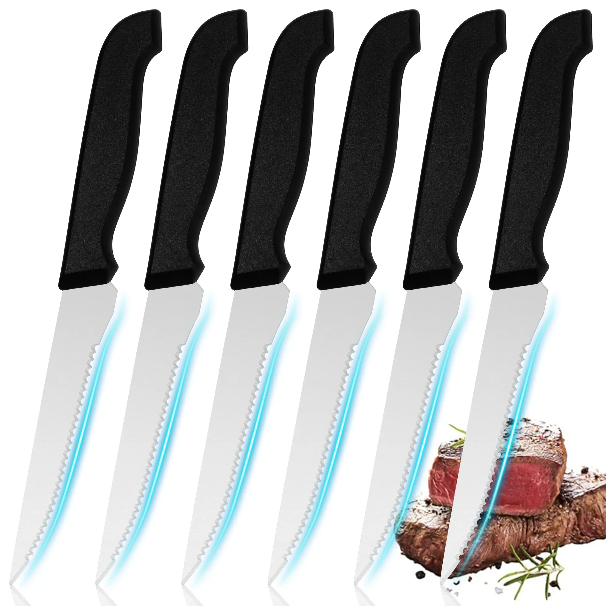 6-piece set of serrated steak knives, stainless steel sharp blades, anti slip handles, household dining table utensils, restaurant grade knives, household knives, meat and vegetable utensils, is the preferred gift for men and women