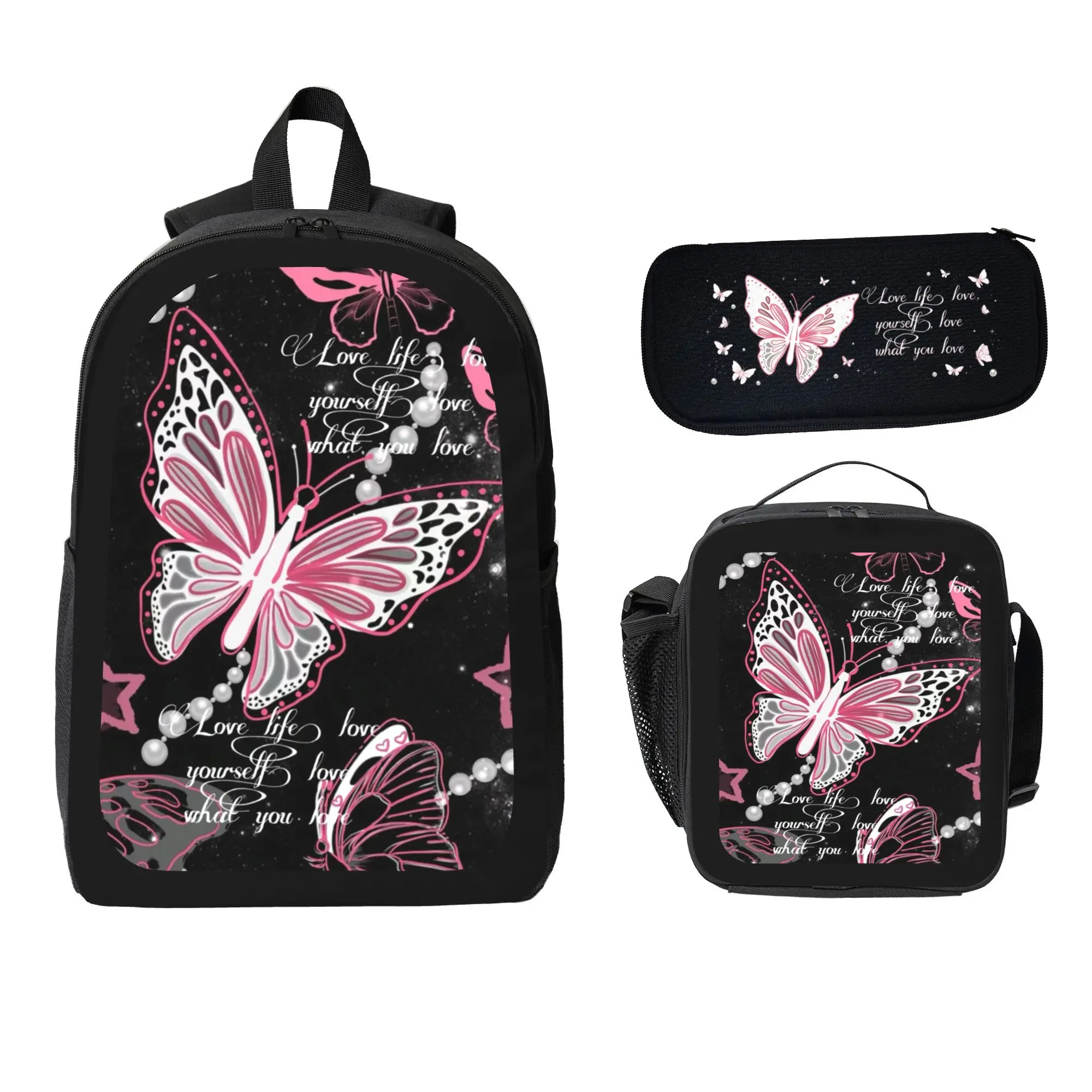 “Love Yourself” Print 17-Inch 3-Piece Daypack Set – Casual School Backpack with Lunch Bag & Pencil Case, Reinforced Stitches, Side Pocket & Breathable Shoulder Straps