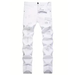 Men's Classic Distressed Skinny Jeans - Regular Fit, Cotton Blend, Solid Color, Ripped Details, Zipper Closure White Menswear Polyester Trouser